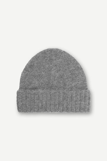 knitted grey beanie with ribbed rim