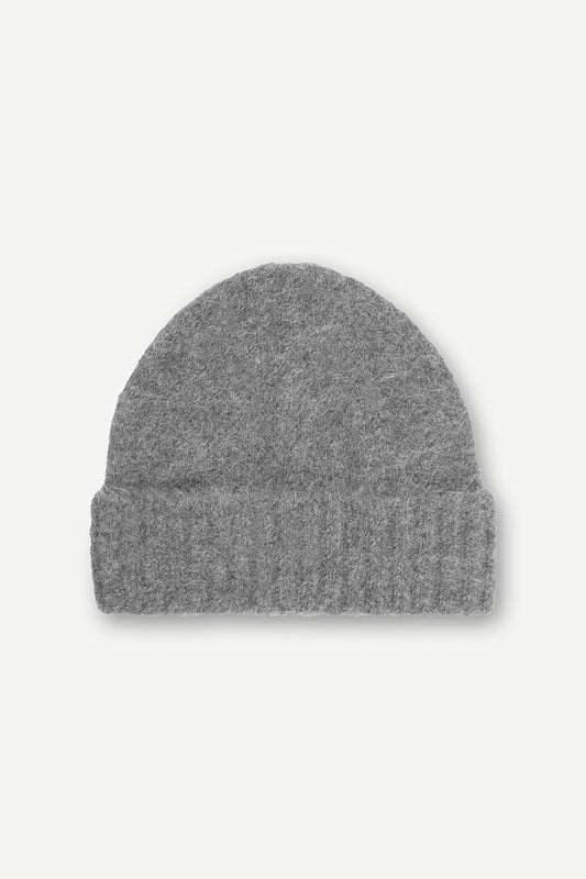 knitted grey beanie with ribbed rim