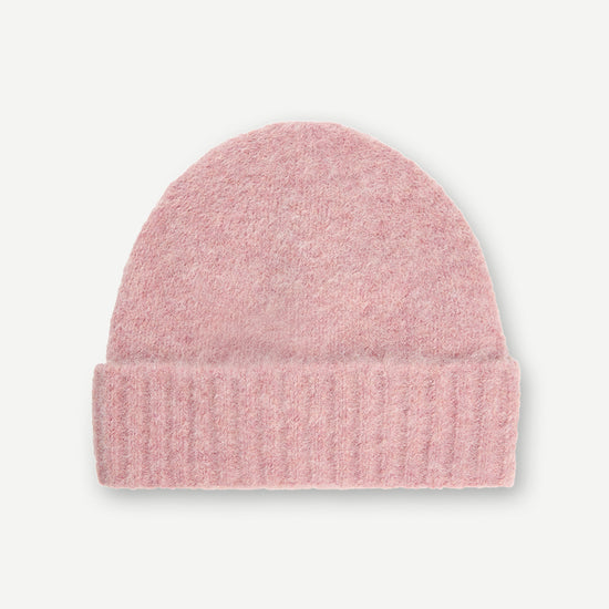 pink brushed knitted beanie with ribbed rim