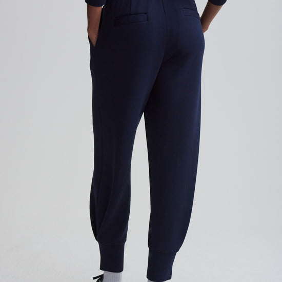 Rear view of the deep cuff navy jogging bottom