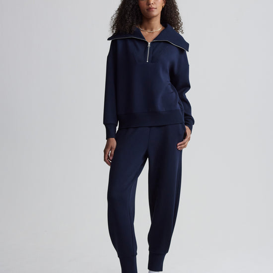 Model shot of navy blue sweat suit