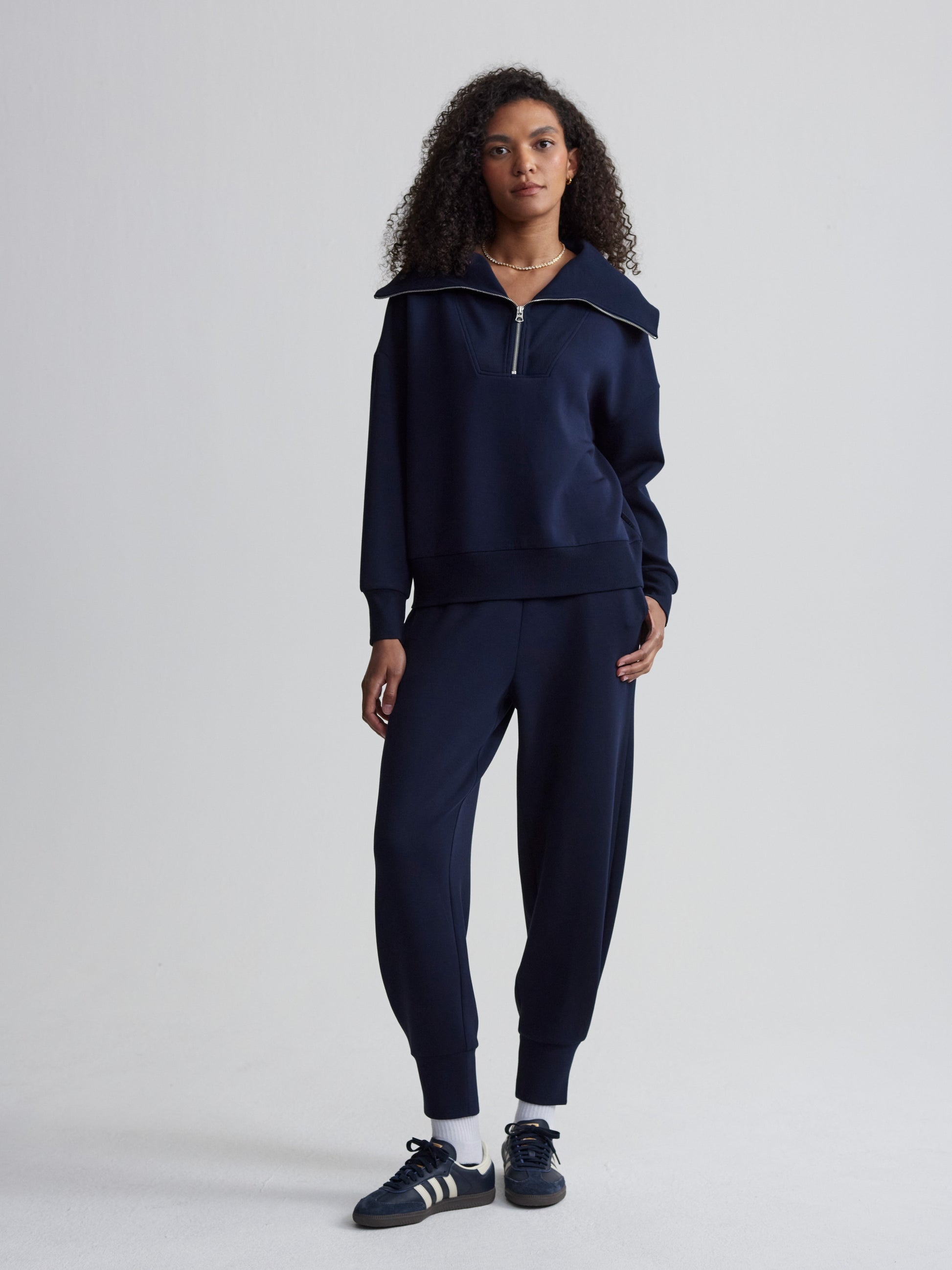 Model shot of navy blue sweat suit