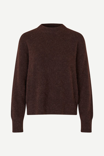 Dark brown o neck wool jumper with long sleeves and rib detailing