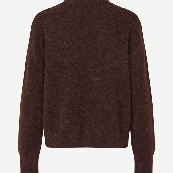 Dark brown o neck wool jumper with long sleeves and rib detailing rear view