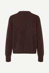 Dark brown o neck wool jumper with long sleeves and rib detailing rear view