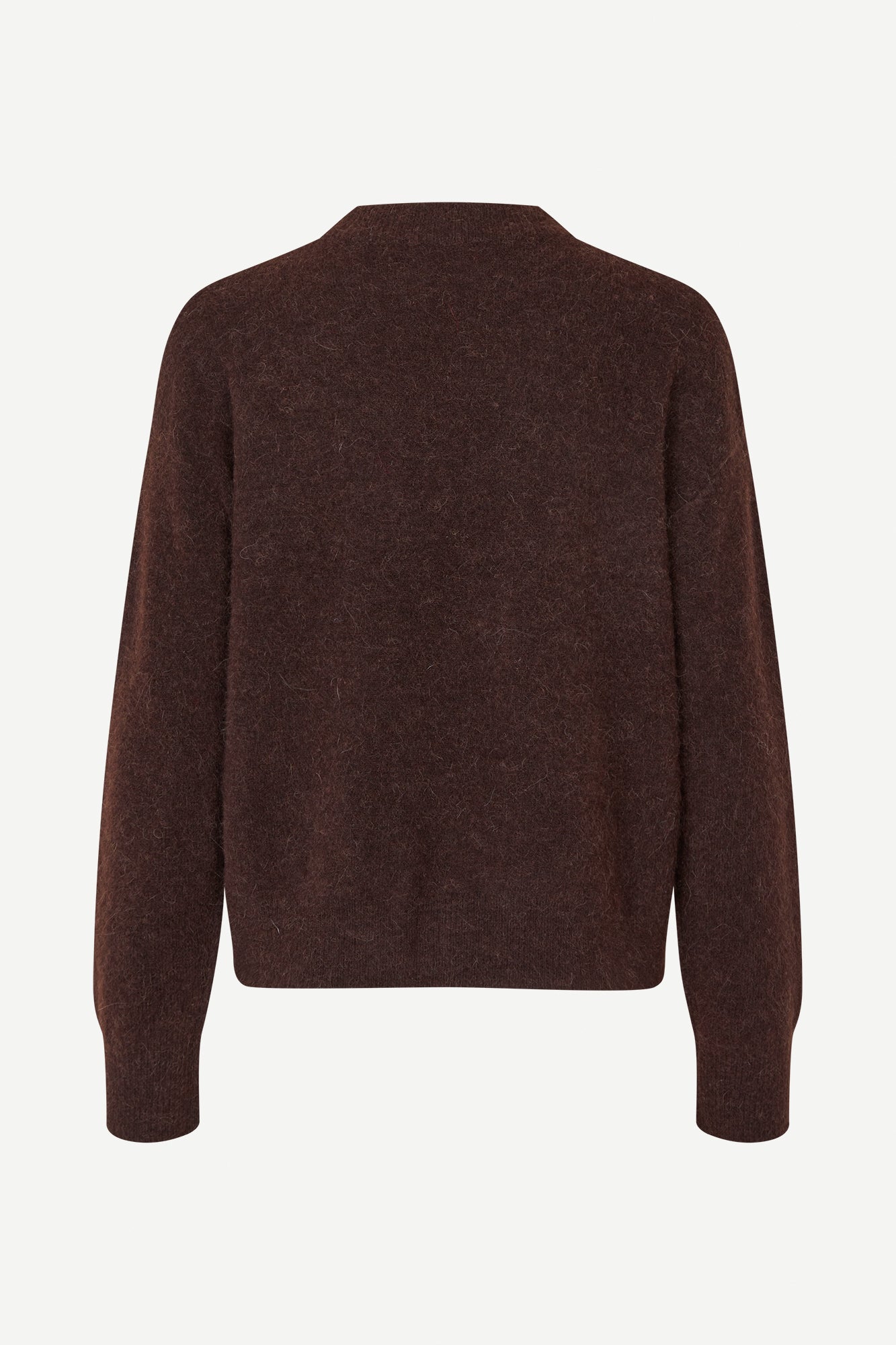 Dark brown o neck wool jumper with long sleeves and rib detailing rear view