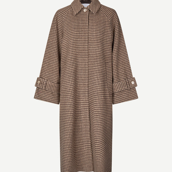 oversized brown check winter coat with wide sleeves with belted cuffs and concealed placket 