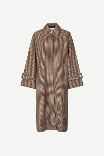 oversized brown check winter coat with wide sleeves with belted cuffs and concealed placket 