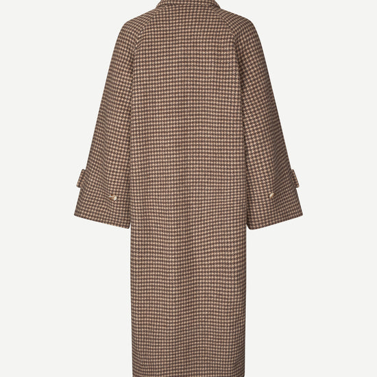 oversized brown check winter coat with wide sleeves with belted cuffs and concealed placket rear view