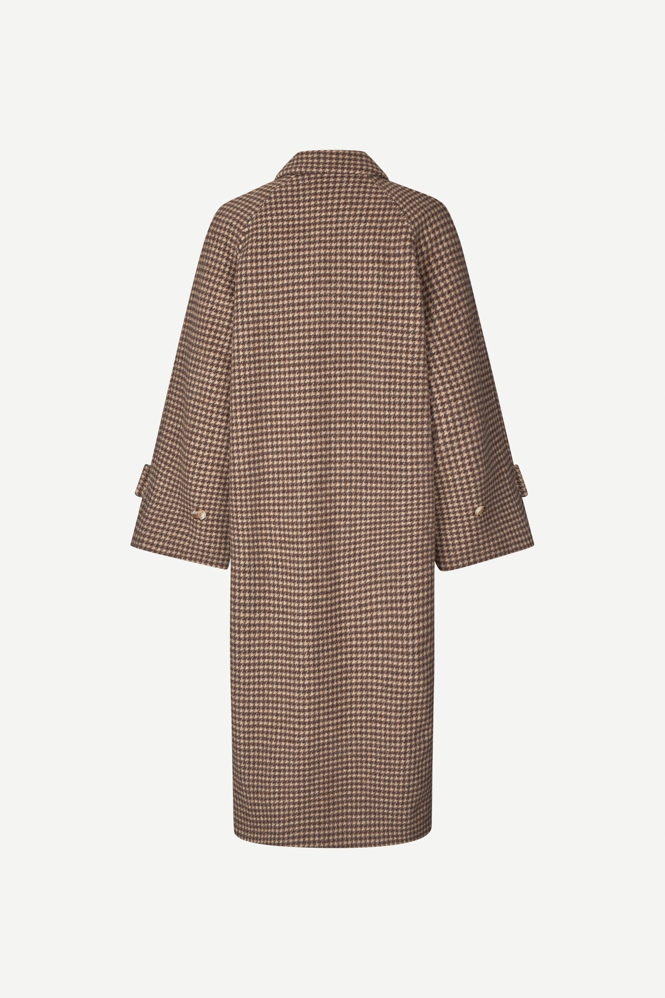 oversized brown check winter coat with wide sleeves with belted cuffs and concealed placket rear view