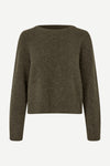 dark green slightly cropped wool jumper with o neck and long sleeves 