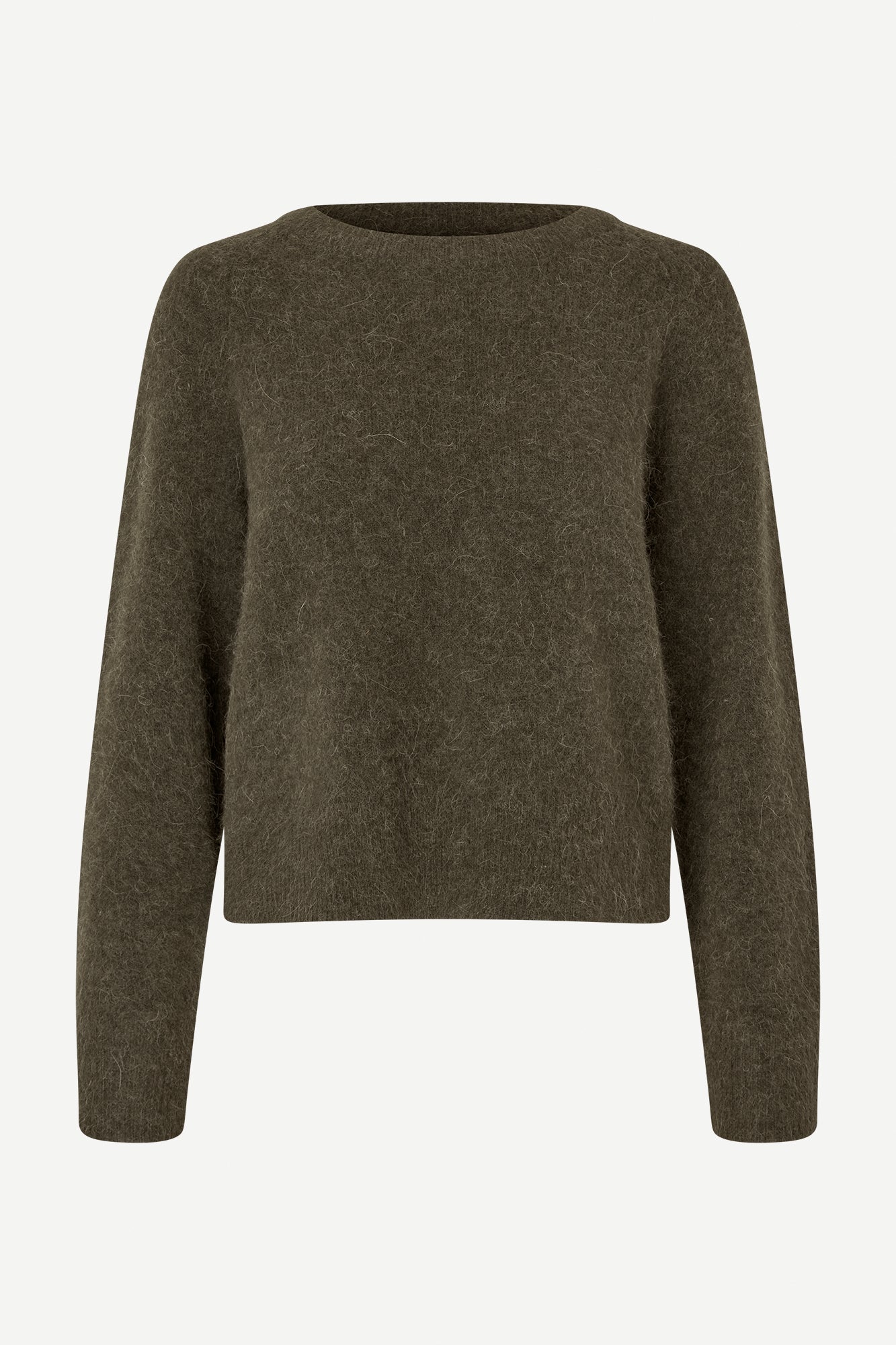 dark green slightly cropped wool jumper with o neck and long sleeves 