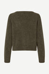 dark green slightly cropped wool jumper with o neck and long sleeves  rear view 