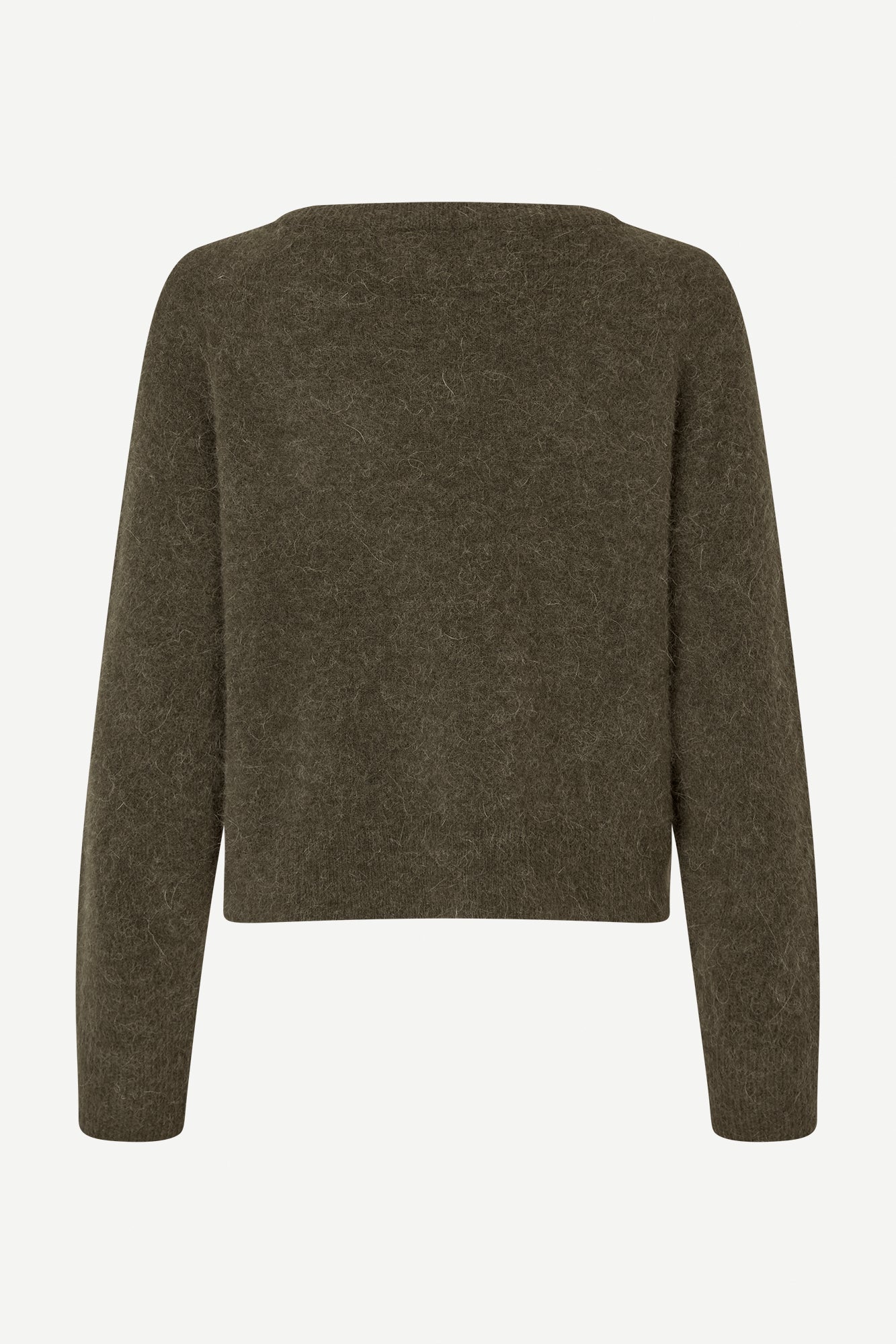 dark green slightly cropped wool jumper with o neck and long sleeves  rear view 