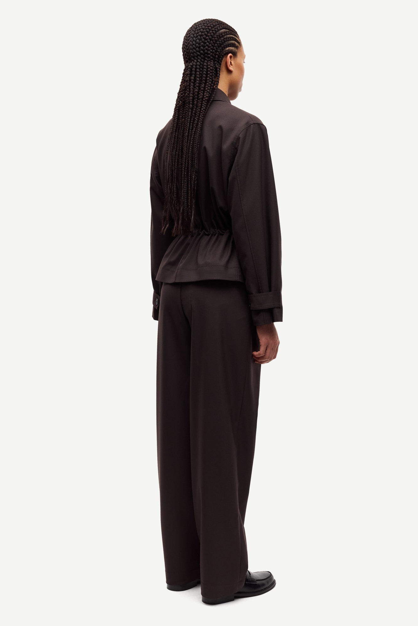 brown tailored trousers with pleated front, concealed fastening and straight fit rear view 