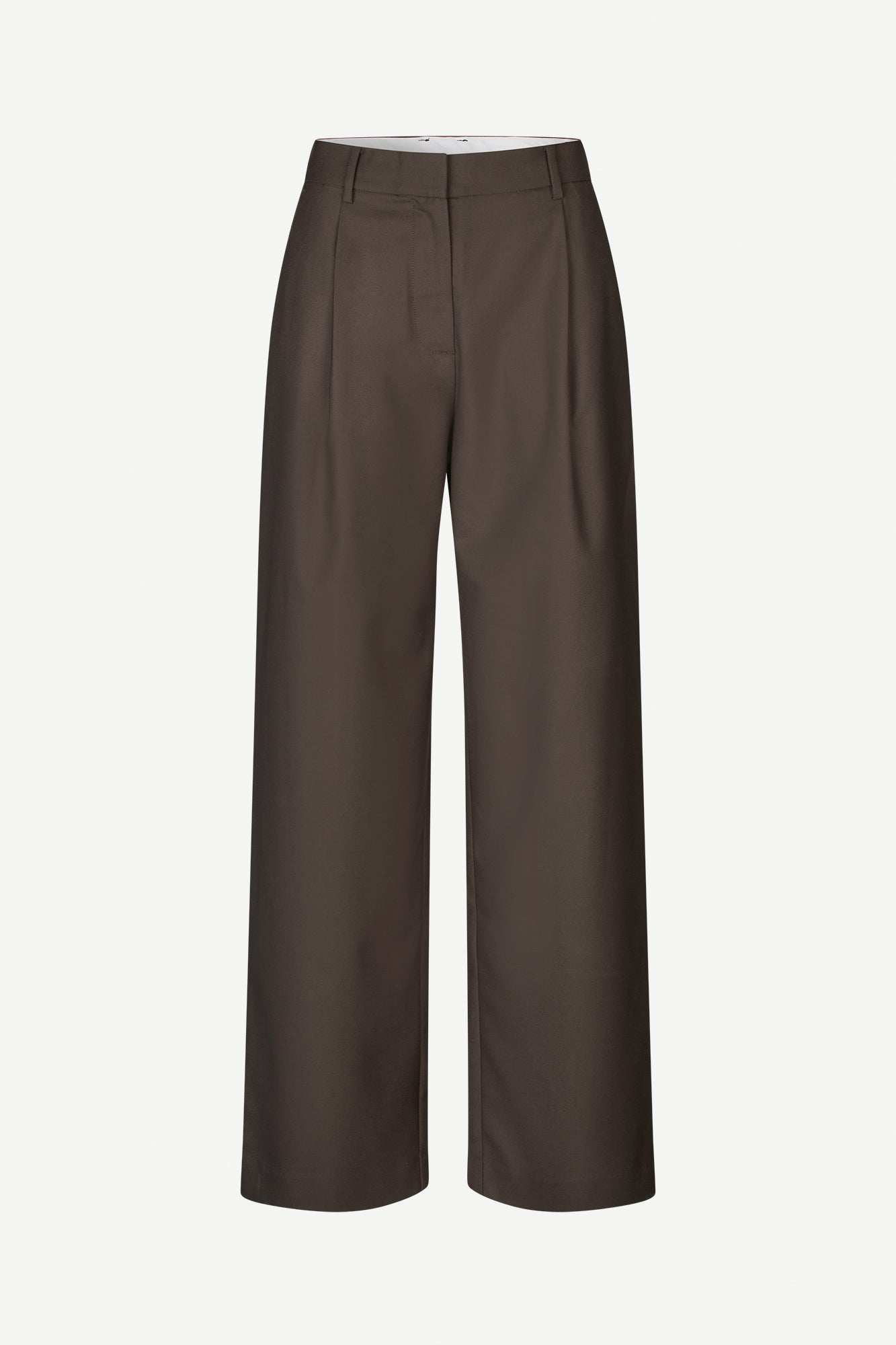 brown tailored trousers with pleated front, concealed fastening and straight fit