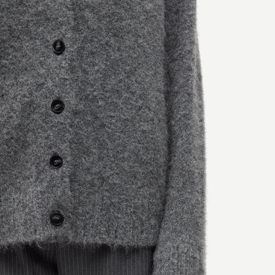 long sleeve grey wool cardigan with dark grey buttons and rib detailing close up