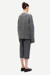 long sleeve grey wool cardigan with dark grey buttons and rib detailing rear view 