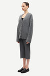long sleeve grey wool cardigan with dark grey buttons and rib detailing side view 