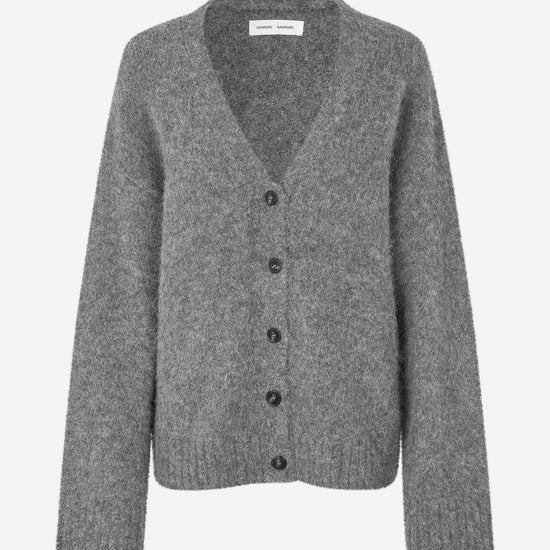 long sleeve grey wool cardigan with dark grey buttons and rib detailing
