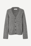 long sleeve grey wool cardigan with dark grey buttons and rib detailing