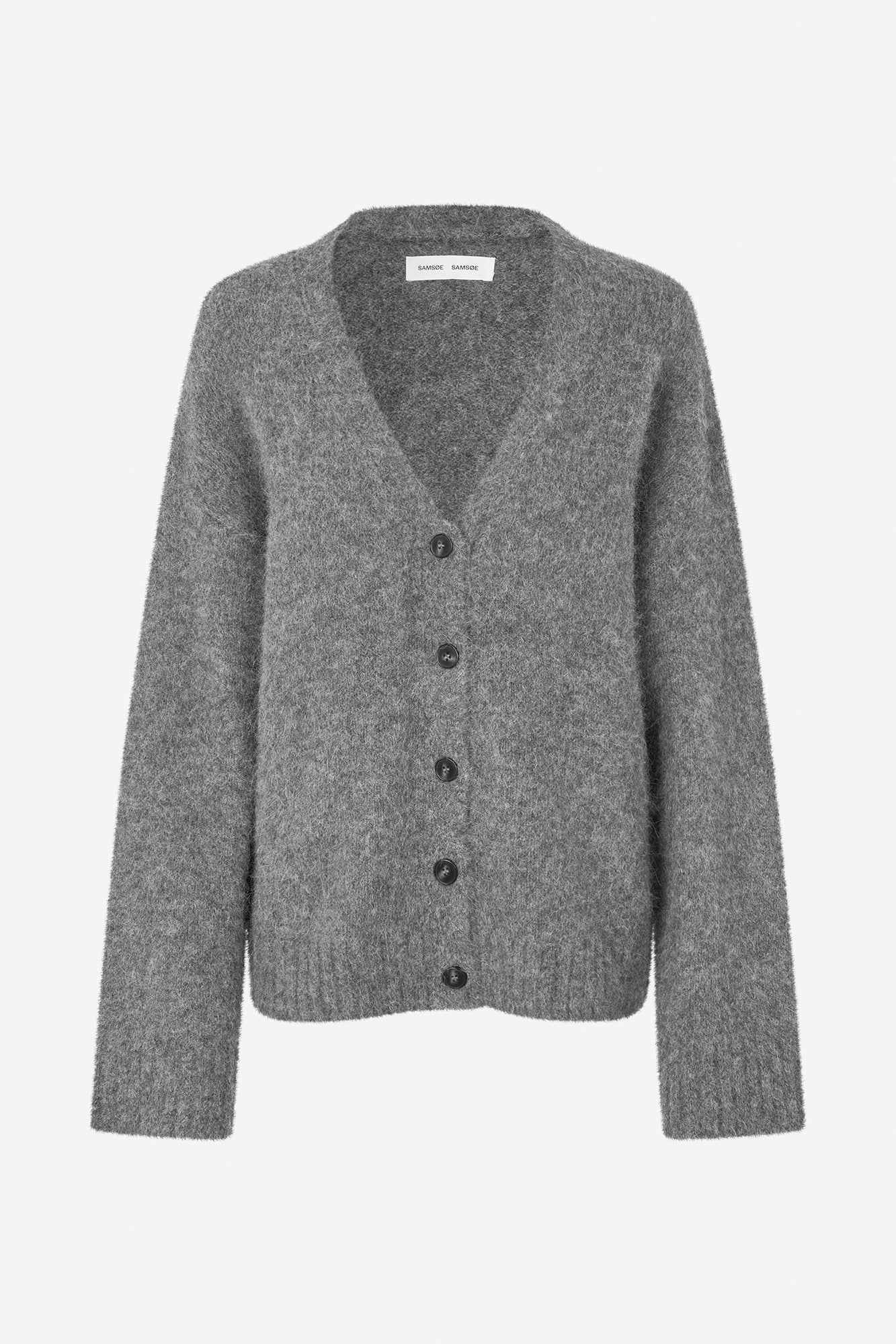 long sleeve grey wool cardigan with dark grey buttons and rib detailing