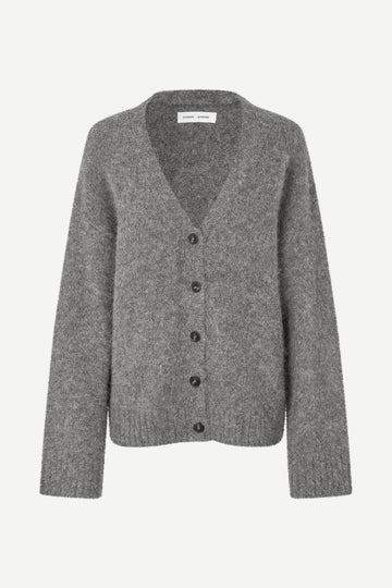 long sleeve grey wool cardigan with dark grey buttons and rib detailing