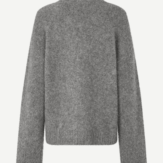 long sleeve grey wool cardigan with dark grey buttons and rib detailing rear view 