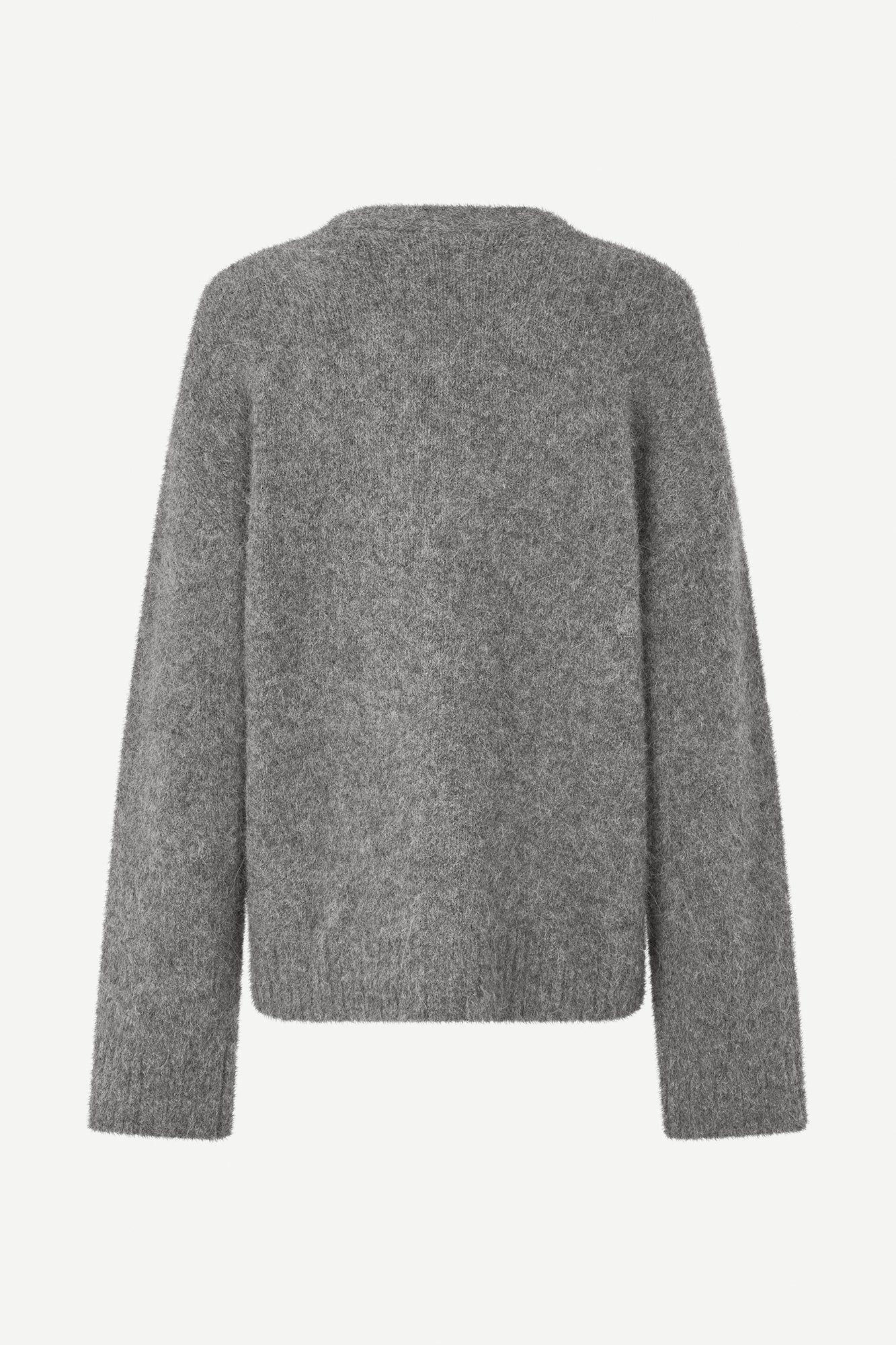 long sleeve grey wool cardigan with dark grey buttons and rib detailing rear view 