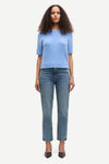 round neck short sleeve light blue jumper with rib detailing and cropped fit model shot