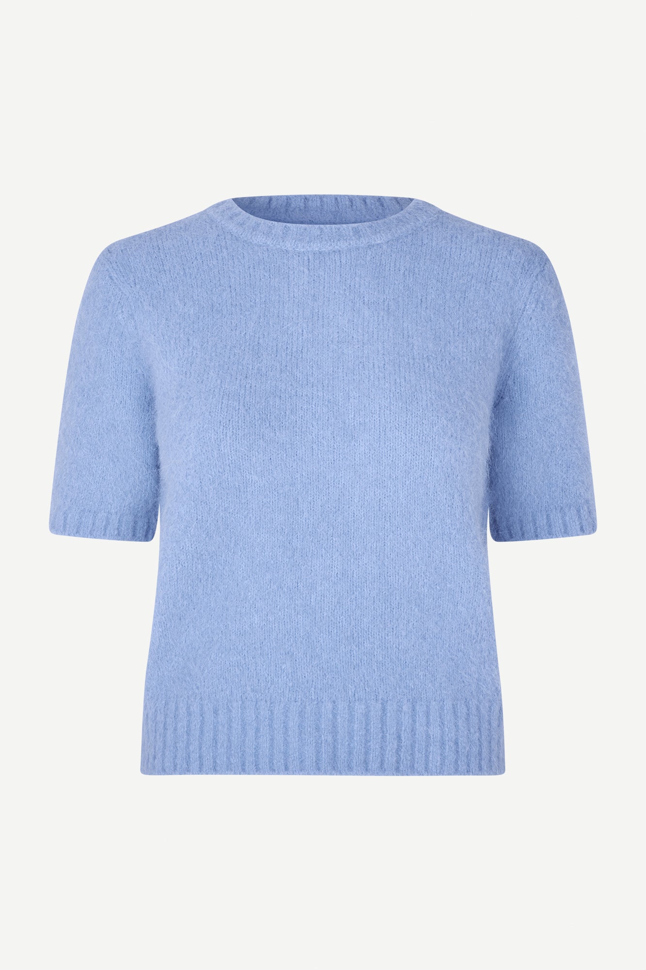 round neck short sleeve light blue jumper with rib detailing and cropped fit