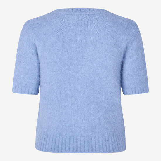 round neck short sleeve light blue jumper with rib detailing and cropped fit rear view 