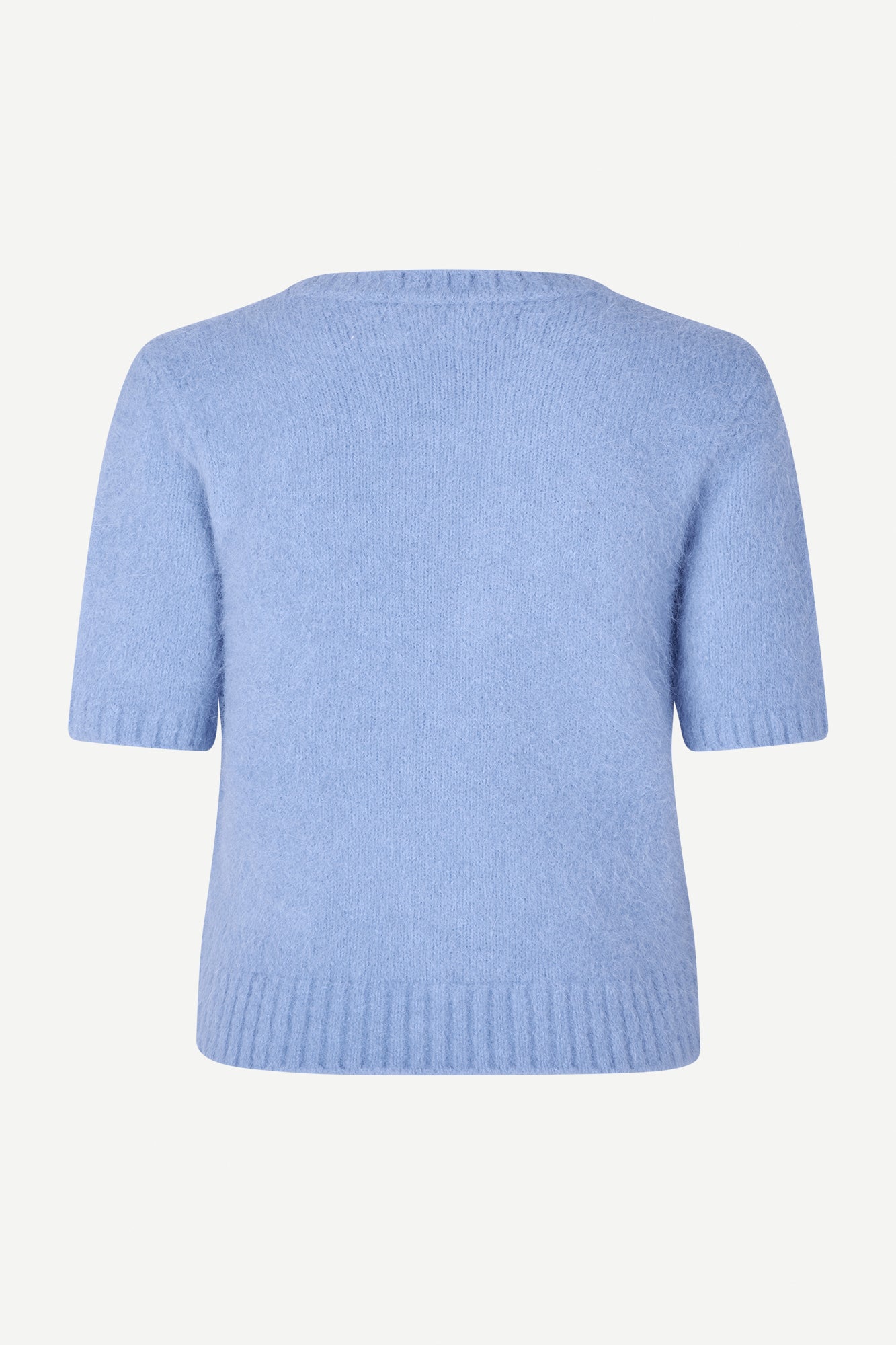 round neck short sleeve light blue jumper with rib detailing and cropped fit rear view 
