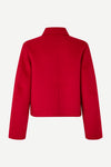 red boxy wool jacket with classic collar, black buttons and slightly cropped fit rear view
