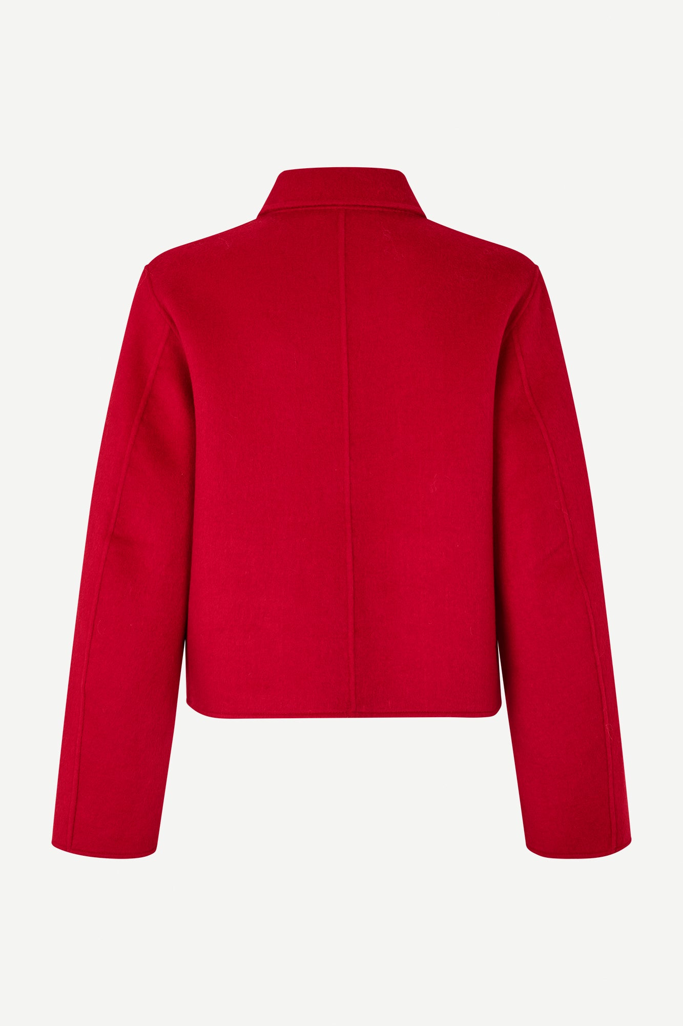 red boxy wool jacket with classic collar, black buttons and slightly cropped fit rear view