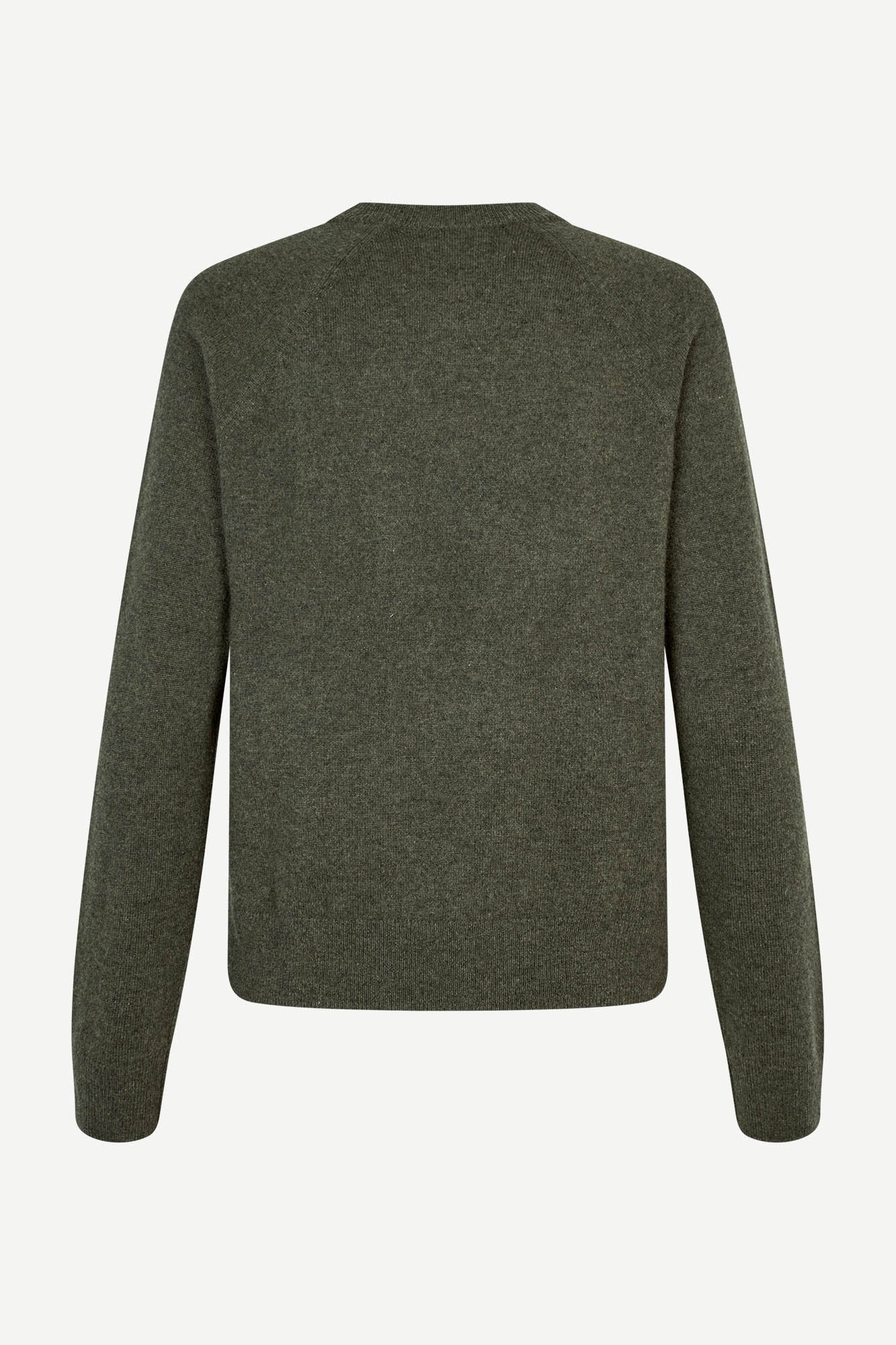 Dark green wool o neck jumper and rib detailing rear view
