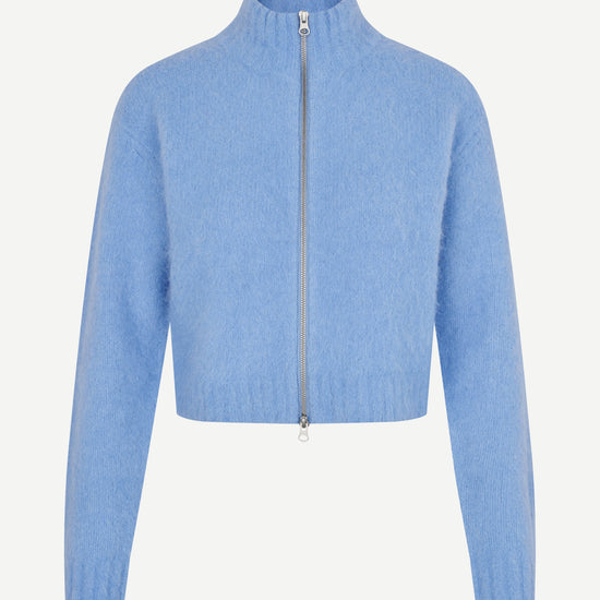 light blue alpaca mix cardigan with rib detailing and central zip