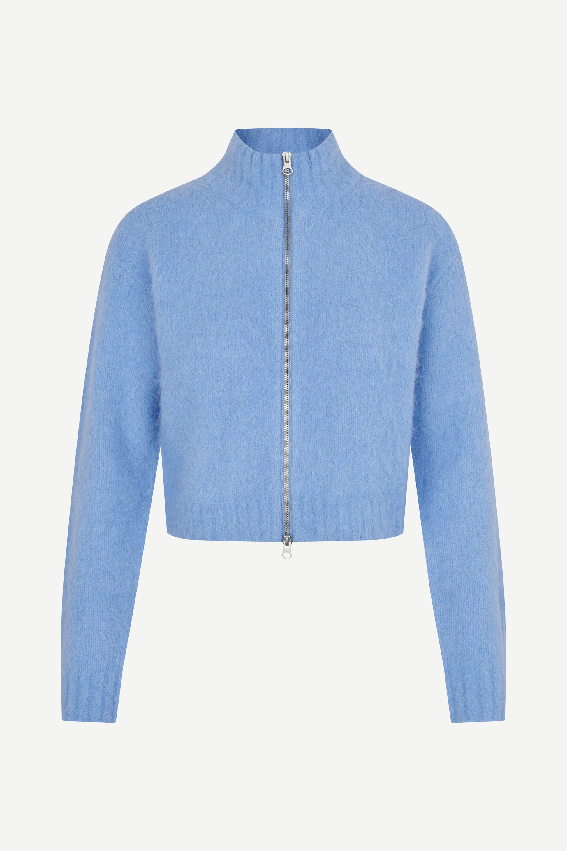 light blue alpaca mix cardigan with rib detailing and central zip