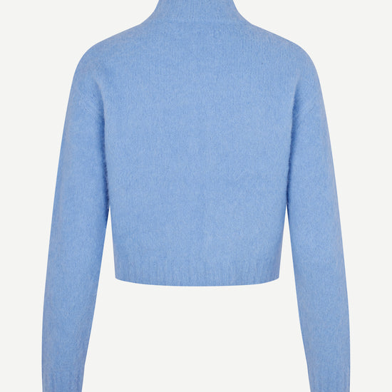 light blue alpaca mix cardigan with rib detailing and central zip rear view