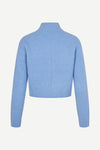light blue alpaca mix cardigan with rib detailing and central zip rear view
