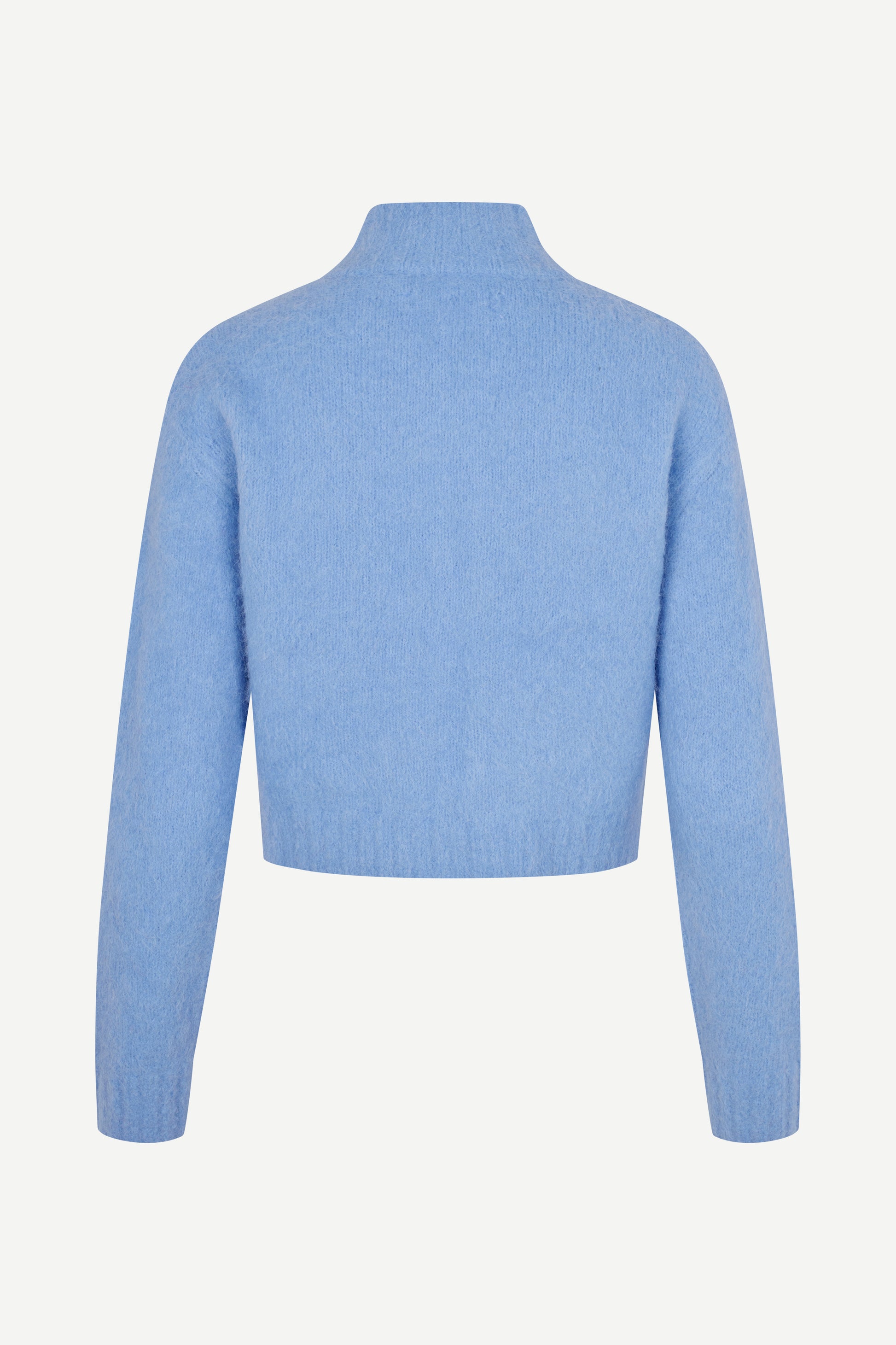 light blue alpaca mix cardigan with rib detailing and central zip rear view