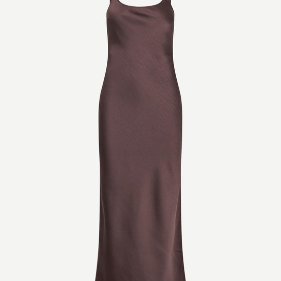 brown viscose slip dress with wide straps and mid length fit