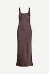 brown viscose slip dress with wide straps and mid length fit