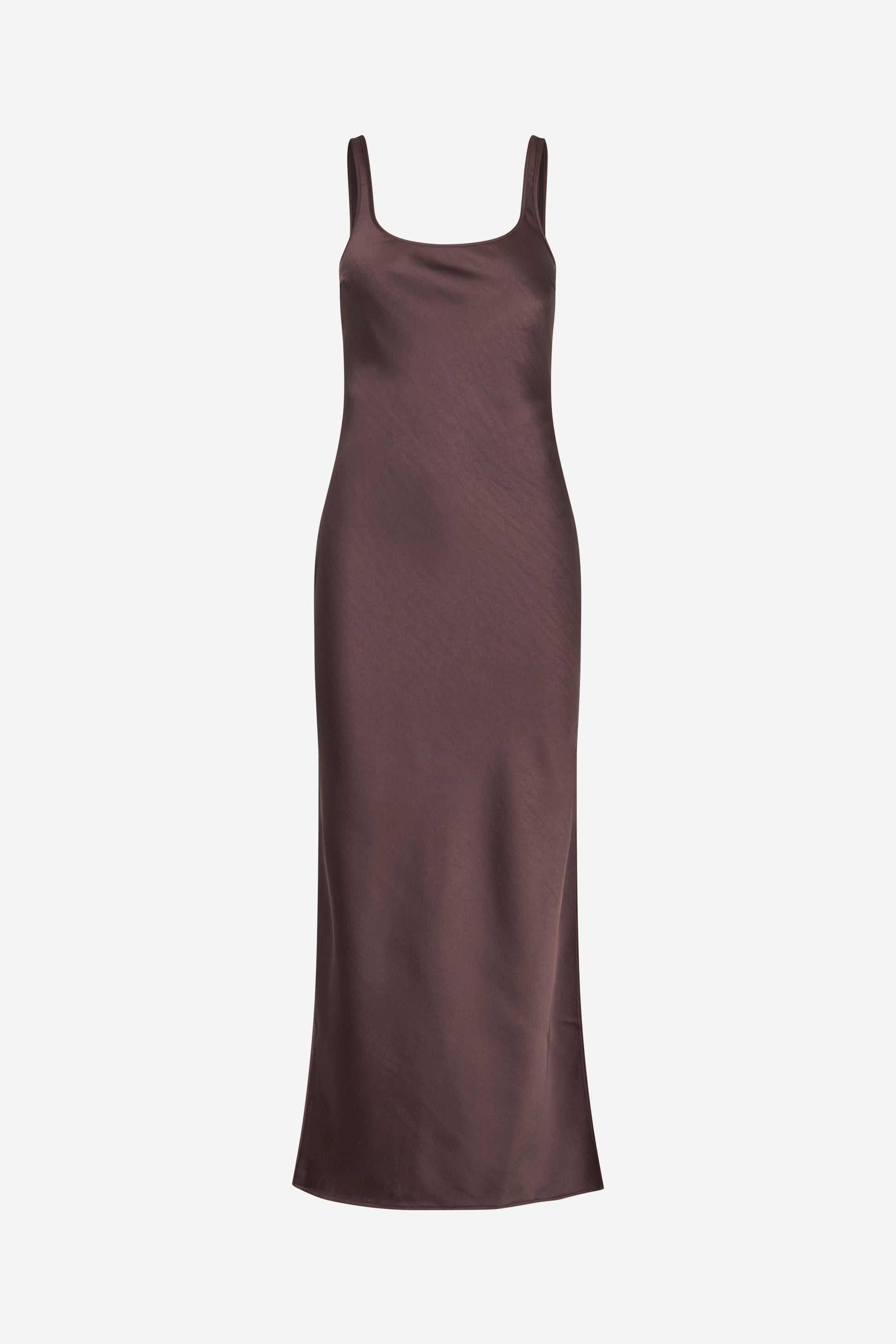 brown viscose slip dress with wide straps and mid length fit