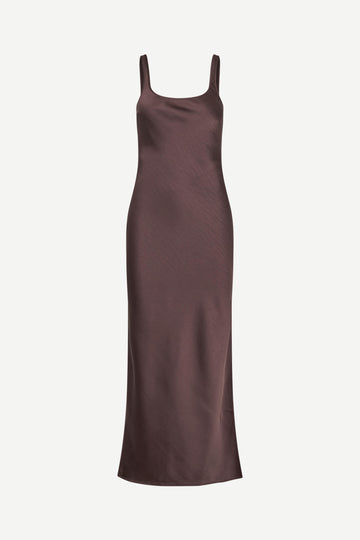 brown viscose slip dress with wide straps and mid length fit