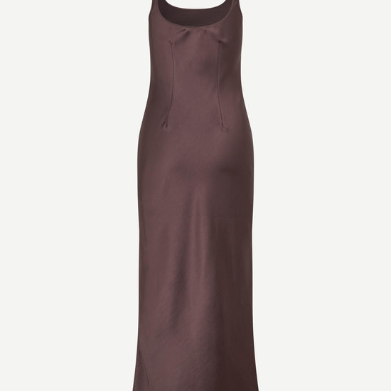 brown viscose slip dress with wide straps and mid length fit rear view