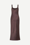 brown viscose slip dress with wide straps and mid length fit rear view