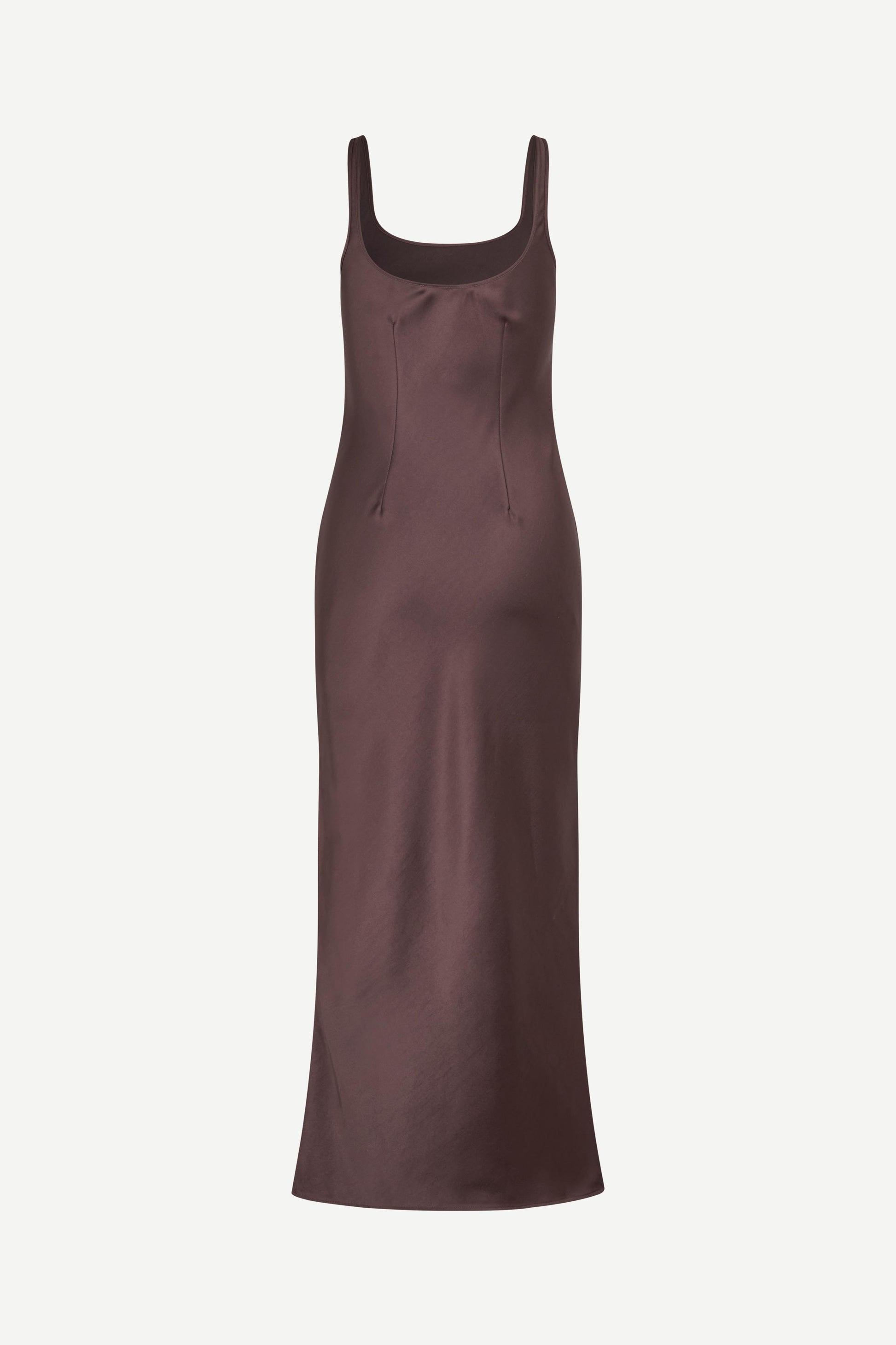 brown viscose slip dress with wide straps and mid length fit rear view