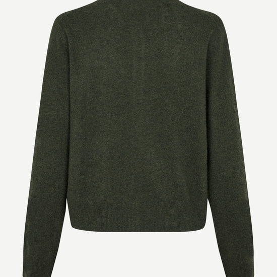 dark green round neck cardigan with long sleeves rear view
