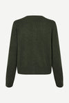 dark green round neck cardigan with long sleeves rear view
